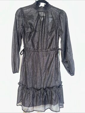 NWT LOFT Petite Shimmer Metallic Black Ruffle Hem Dress XS Petite Puff Sleeve